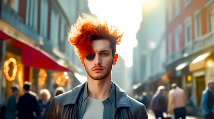 Wall Mural - Man with red hair standing on street with city in the background.