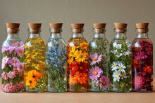 Eclectic Flowers In Vintage Glass Bottles.
A Diverse Mix Of Wildflowers Placed In Vintage Glass Bottles On A Wooden Surface.