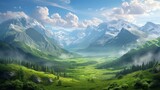 Fototapeta Uliczki - Valley background with copy space for text, featuring a beautiful landscape with mountains, a blue sky, and a wide expanse of grass in the backdrop