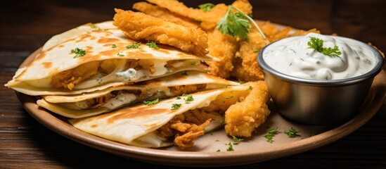 Sticker - Chicken-filled quesadillas topped with ranch dressing and served with onion rings.