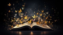 Opened Book With Flying Butterflies And Bokeh Lights On Background