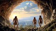 cavemen coming out of a large cave on a beautiful sunset in high resolution hd