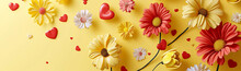 Festive Vibrant Floral Banner With Bright Daisies And Red Hearts On A Yellow Background, Perfect For Mother's Day, Valentine's, Spring Or Summer Promotions.