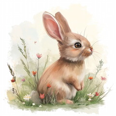 Cute bunny in grass, pastel, flowers, watercolor illustration