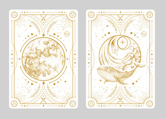 Canvas Print - Set of Modern magic witchcraft cards with full moon and whale. Hand drawing occult vector illustration of whale, water and moon.