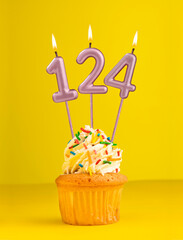 Birthday candle number 124 - Invitation card with yellow background