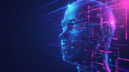 Wall Mural - Side profile of a futuristic artificial intelligence computer head with glowing lines and data