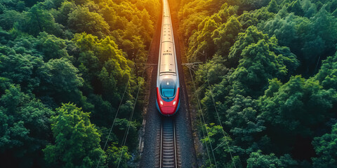 Poster - The high-speed train is driving at full speed thru the forest. AI-generated image	