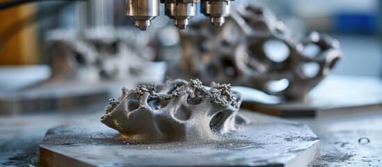Poster - Metallic powder sintered by laser into desired shape using printer. Additive technologies revolutionize industry.