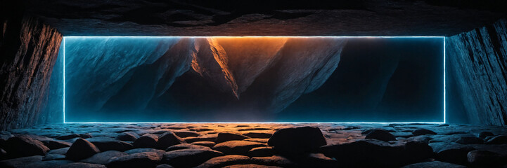 Wall Mural - A rectangular opening in a cave wall, illuminated by a blue neon light. The light is coming from inside the rectangle, creating an orange glow