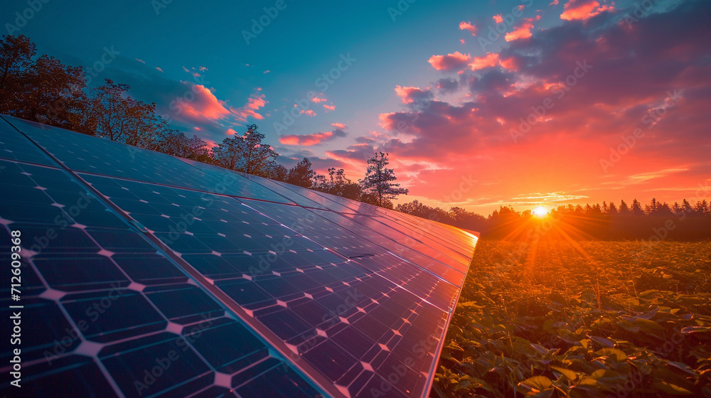 Sunset bathes solar panels on a roof in golden hues, harmonizing with ...