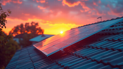 Sunset bathes solar panels on a roof in golden hues, harmonizing with nature. The radiant sun, a symbol of clean energy, illuminates a green landscape, fostering a sustainable alliance.