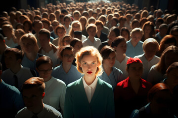 Stand out from the crowd concept with blonde woman standing out from large crowd of people, illustration