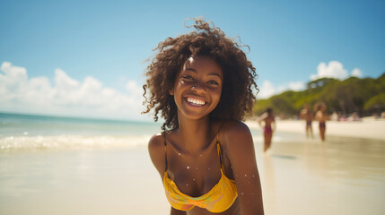 Wall Mural - An african american teenage girl happily enjoying herself on a sunny beach during a warm day. girl on the beach in the summer. travelling alone concept, happy moment. 