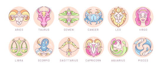 Wall Mural - Set of modern cartoon astrology zodiac signs isolated on white background. Set of Zodiac icons. Vector illustration