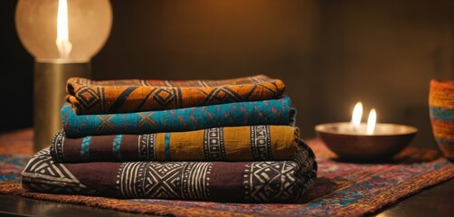 Wall Mural -  a pile of cloths sitting on top of a table next to a lit candle and a bowl on top of a table with a lit candle in the background.