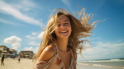 Wall Mural - A teenage girl happily enjoying herself on a sunny beach during a warm day. girl on the beach in the summer. travelling alone concept, happy moment. 