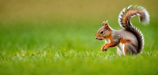  a squirrel is standing in the grass with its front paws on it's hind legs and it's front paws on the ground as if it's tail.