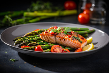 Wall Mural - salmon with asparagus and tomatoes in marinade