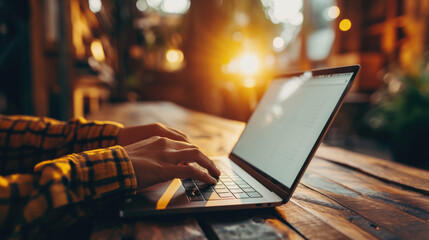 Canvas Print - Person's hands typing on a laptop with a blank screen, set on a wooden table