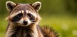  a close up of a raccoon looking at the camera with a blurry back ground and green grass in the background and a blurry blurry background.