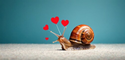  a snail with a bunch of red hearts on it's back sitting on the ground with a stick in it's mouth in front of a blue background.