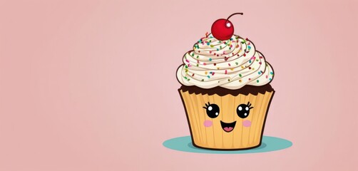 Poster -  a cupcake with a cherry on top and sprinkles and a cherry on the top of it, on a pink background, with a pink background.