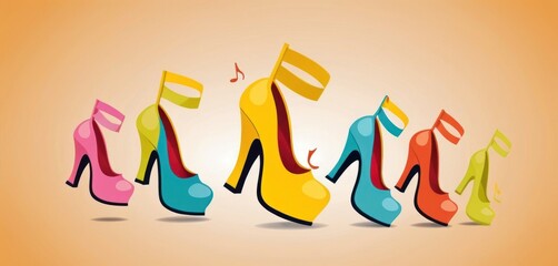 Sticker -  a group of colorful high heeled shoes with music notes coming out of the top of the heels and a note coming out of the bottom of the high heel.