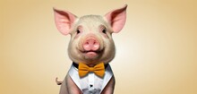  A Pig Wearing A Tuxedo And A Bow Tie With Its Tongue Out And Eyes Wide Open, Standing In Front Of A Beige Background With A Yellow Backdrop.