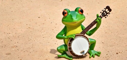  a frog that is sitting on the ground with a frisbee in it's hand and it's eyes wide open, with a guitar in the other hand.