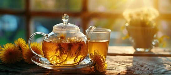 Wall Mural - Hot dandelion tea in glass teapot and cup, close up, copy space.