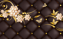 3d Wallpaper Golden Flowers And Butterflies On Brown Leather Background 