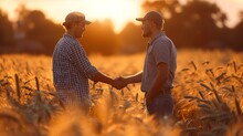 Portrait Of Two Farmers Shaking Hand In Wheat Field With Copy Space, Generative AI.