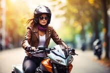 Women Motorcycle Riding Taking Off Front View, Abstract Blurred Defocused Bokeh Color At The Background