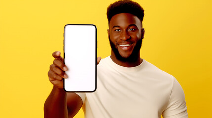 Black Man Holding Advanced Smartphone with Blank White Screen