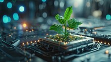 Green Information Technology. Environmentally Sustainable IT. Copy Space. Green Plant Growing On Laptop Computer Keyboard With Green Background. AI Generated Illustration