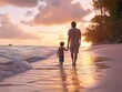 silhouette of a father holding the hand of his little son walking along the seashore in the evening. father's day concept