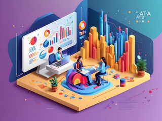 Data analysis 3d isometric web design. People work with charts, diagrams, and graphs to make financial reports for company and business accounting, auditing and analytics. Vector web illustration