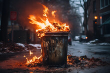 Trash Can On Fire Engulfed In Flames With Road In Background Generative Ai