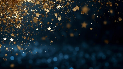 Festive dark blue bokeh background with flying golden stars and bright particles. Beautiful Illustration for greeting card, carnival, holiday, celebration.