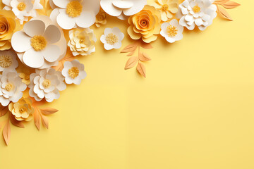 Wall Mural - Tasteful Mothers Day or Women's Day yellow background or banner. Delicate springtime flowers with copy space