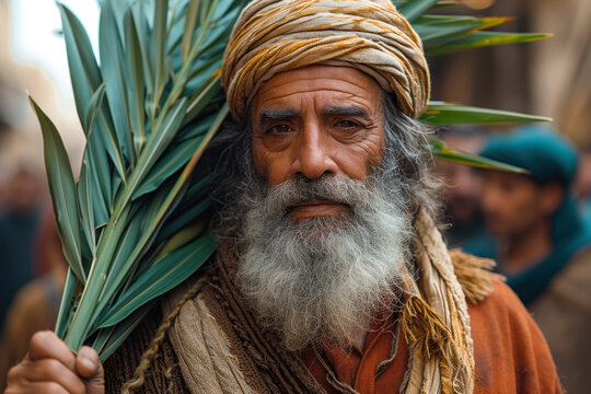 An elderly bearded man with palm leaves in his hands against the background of the old city, postcard or banner for Palm Sunday