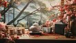 A collage featuring a variety of tea-related elements against a blurred background of a tranquil Japanese garden