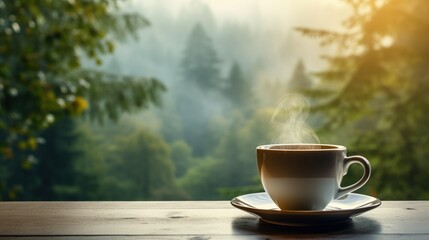 A cozy scene of a teacup on a window sill, with a soft focus on a misty forest landscape outside