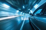 Fototapeta Przestrzenne - Car with high speed rides through tunnel with blurred image, side view of car, 3d rendering illustration Generative AI