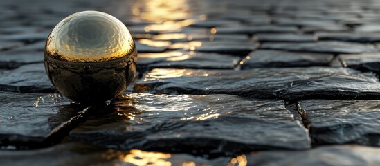 Sticker - Black and gold abstract background with cobblestones, golden ball, water reflection. Display for Black Friday sale with space for products.