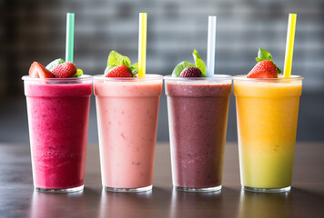 Wall Mural - four smoothies lined up with straws and fruit