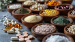 Dietary supplements for health and beauty,  in pill and powder forms, vitamins, collagen, biotin