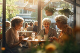 Fototapeta  - Senior old women friends meeting, gathering in cafe for chatting, gossips and coffee, breakfast