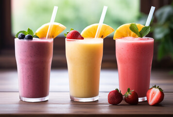 Wall Mural - three smoothies lined up with straws and fruit